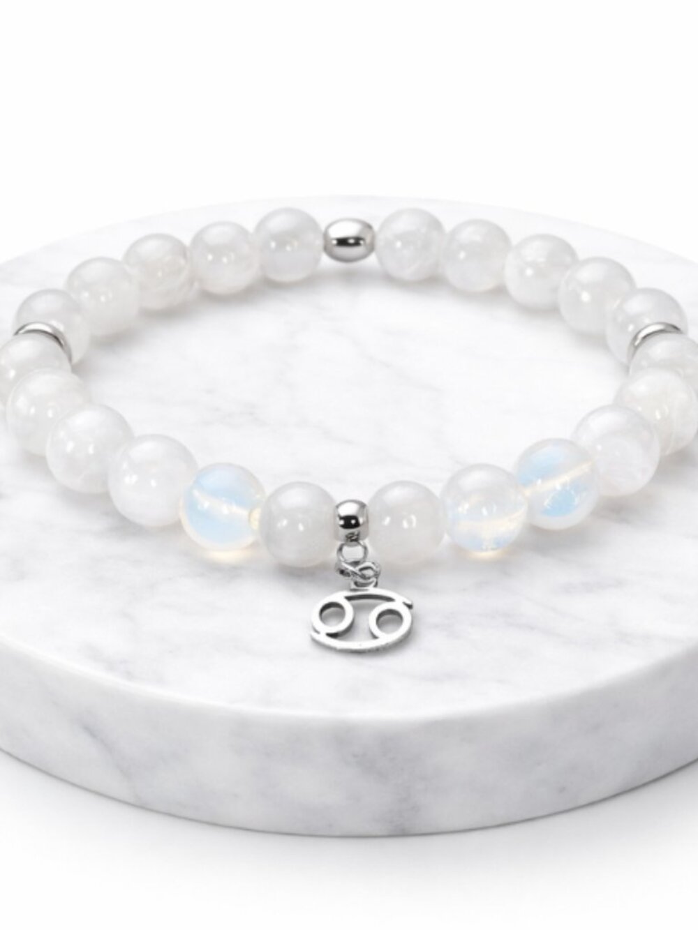Moonstone Opal Bracelet Silver Cancer Zodiac Charm Beaded Stretch Jewelry